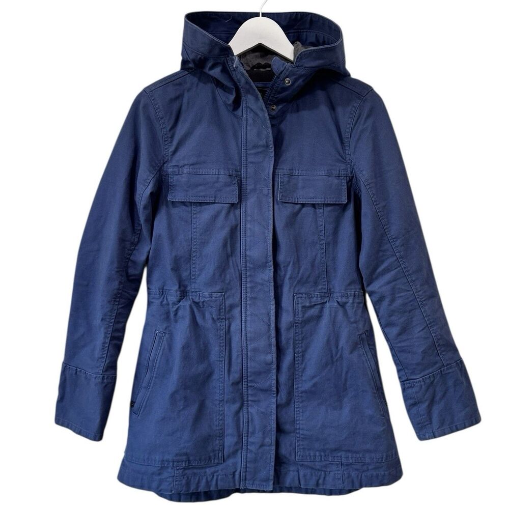 PRANA Organic Cotton Cristo Jacket Parka Lined Cinch Waist Hood XS Blue EUC